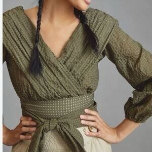 Maeve By  Anthropologie Size 12 Green Wrap Blouse Elastic Cuffs Side Zipper